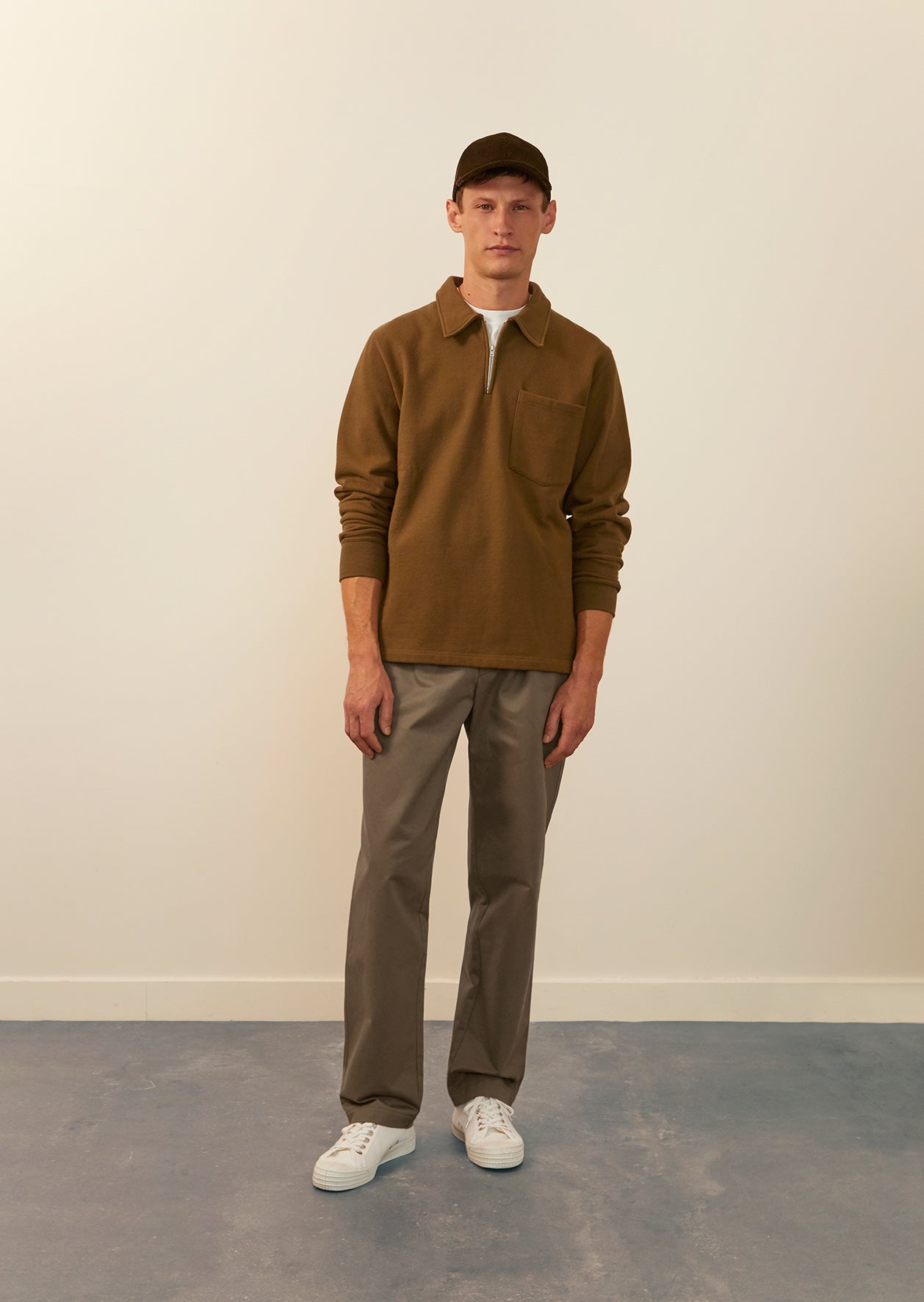De Bonne Facture - Zipped Polo Sweater - Japanese Cotton Fleece - Olive